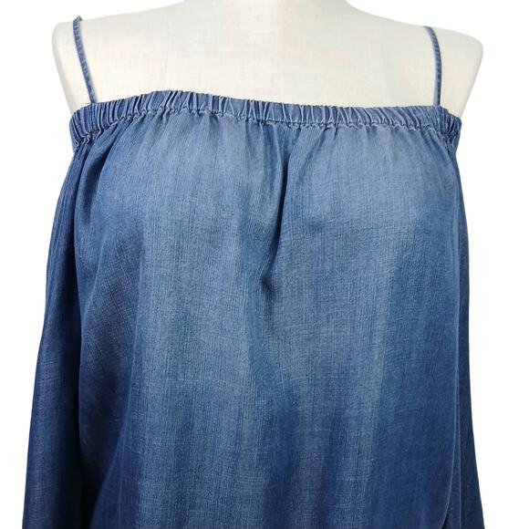 Cloth & Stone SZ M 100% Viscose Blue Chambray Off-Shoulder Top - Picture 4 of 7